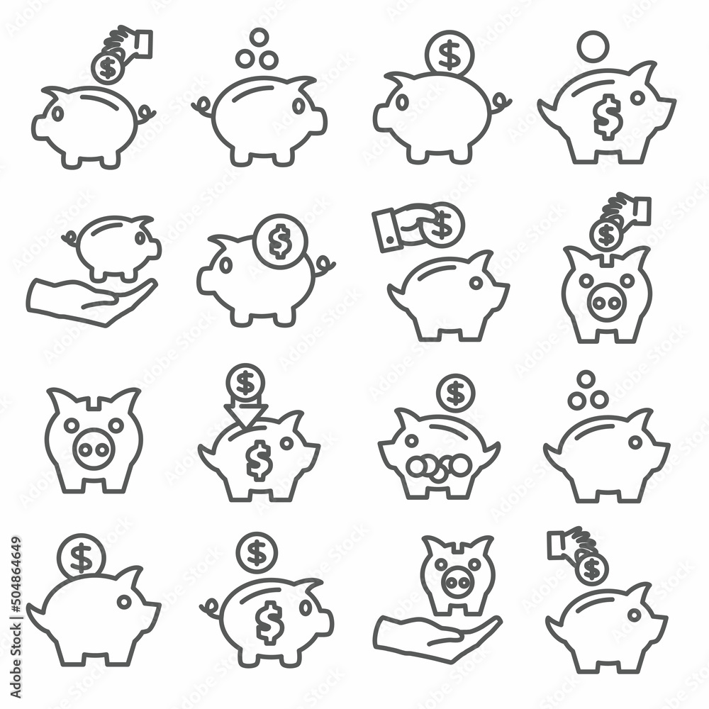 Piggy bank line icons on white background