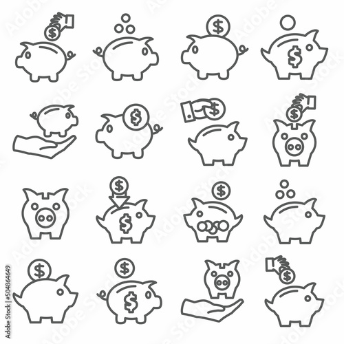 Piggy bank line icons on white background