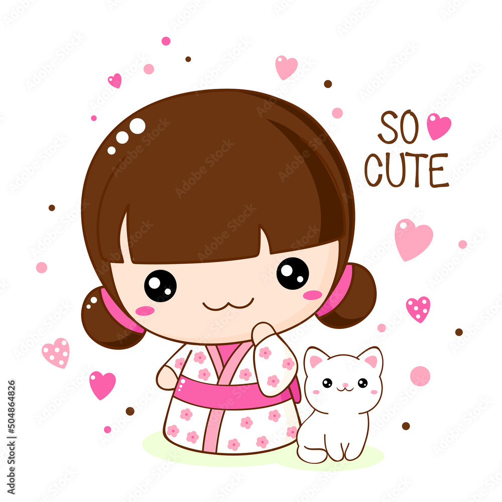 Cute little girl with kitty in kawaii style. Japanese traditional toy kokeshi doll in kimono with white cat. Inscription So cute. Vector illustration EPS8 Cute little girl with kitty in kawaii style. Japanese traditional toy kokeshi doll in kimono with white cat. Inscription So cute. Vector illustration EPS8