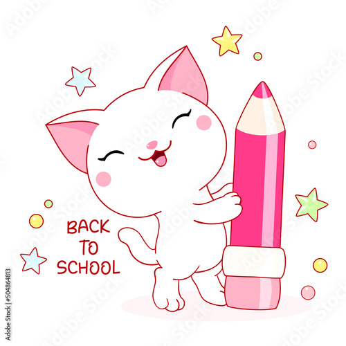 Back to school. Cute little white cat with pencil. Vector illustration EPS8