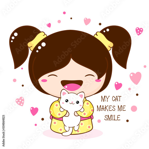 Cute smiling little girl with kitty in kawaii style. Japanese traditional toy kokeshi doll in kimono with white cat. Inscription My cat make me smile. Vector illustration EPS8  