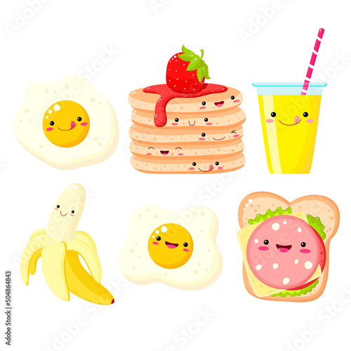 Breakfast time. Set of cute food icons in kawaii style for sweet design. Banana, orange juice, pancakes, cheese and vegetable sandwich, scrambled eggs. Vector EPS8  