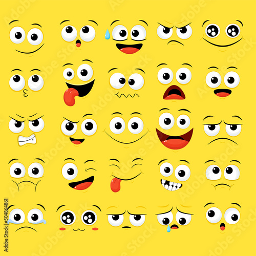 Collection of emoticons with different mood. Set of volumetric cartoon emoji faces in different expressions - happy, sad, cry, fear, crazy. On white background. Vector illustration EPS8