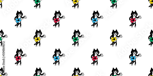 cat seamless pattern kitten calico guitar bass ukulele vector neko breed character cartoon pet gift wrapping paper tile background repeat wallpaper doodle animal illustration