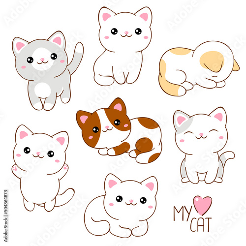 Set of cute cats kawaii style. Collection of lovely little kitty in different poses