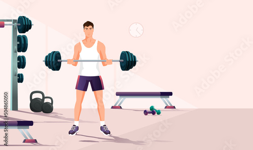 Fitness boy squat barbell arms gym. Slim, fit male athlete weightlifter training. Sports equipment activity. Athletic brunette young man lifting, raise weight, strength workout. Vector illustration