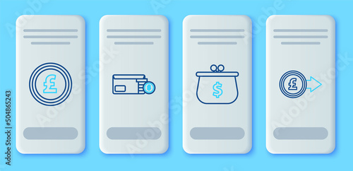 Set line Envelope with coin dollar symbol, Wallet, Coin money pound sterling and icon. Vector