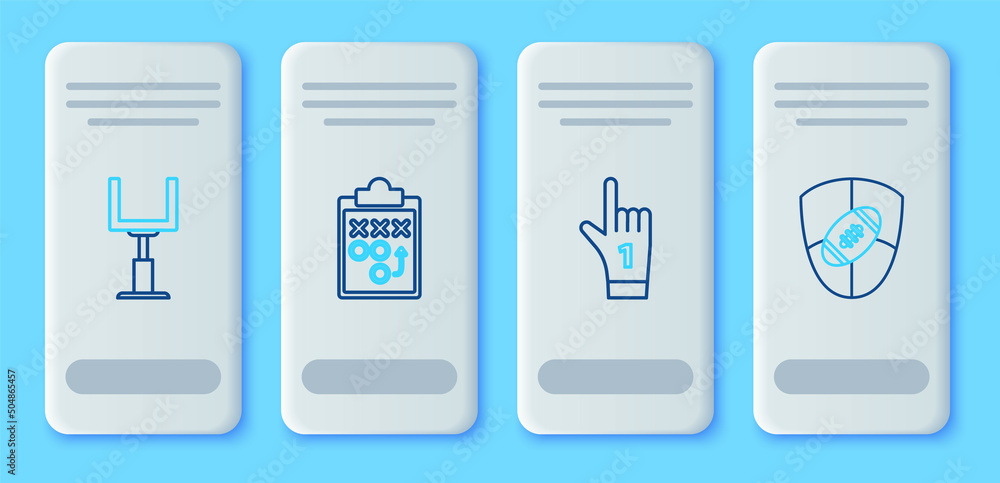 Set line Planning strategy concept, Number 1 one fan hand glove with finger raised, American football goal post and Football shield icon. Vector Set line Planning strategy concept, Number 1 one fan hand glove with finger raised, American football goal post and Football shield icon. Vector