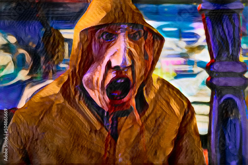 Illustration of angry man wearing yellow raincoat photo