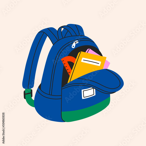 Backpack with study supplies. Back to school, colorful schoolbag with textbooks, copybooks and ruler. Hand drawn vector illustration isolated on white background. Modern flat cartoon style. photo