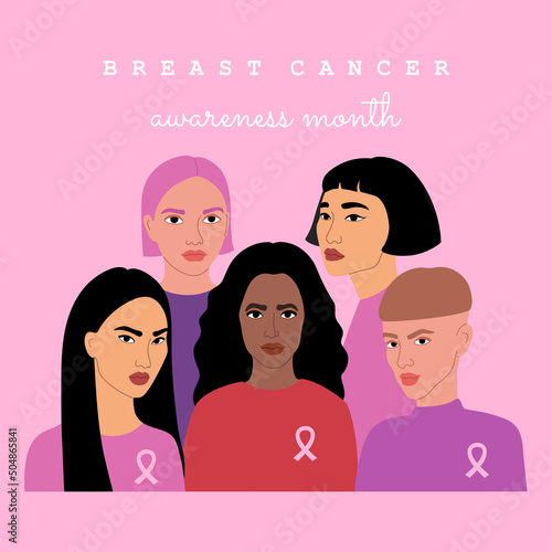 Breast cancer awareness month poster. Group of women different nationalities standing together. Support and solidarity with females fighting with oncology. Vector illustration in flat cartoon style.
