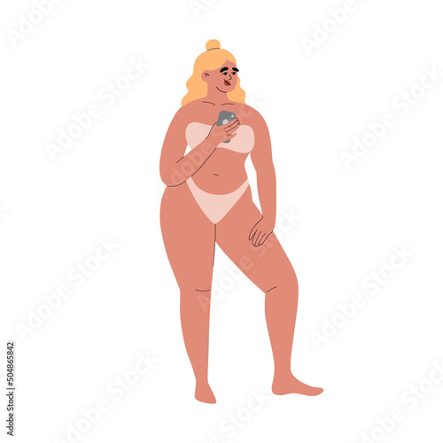 Plump woman posing in swimwear. Body positive concept, plus size model. Hand drawn vector illustration isolated on white background. Modern flat cartoon style.