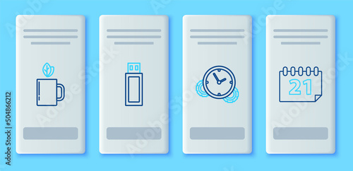 Set line USB flash drive, Time Management, Cup of tea and leaf and Calendar icon. Vector