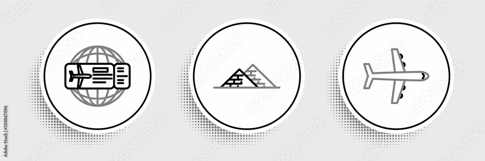 Set line Plane, Airline ticket and Egypt pyramids icon. Vector - obrazy, fototapety, plakaty 