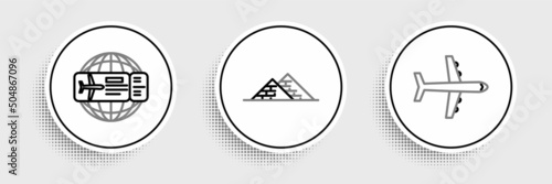 Set line Plane, Airline ticket and Egypt pyramids icon. Vector