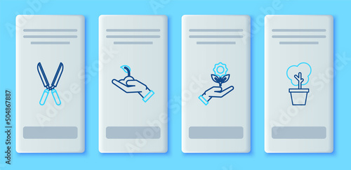 Set line Sprout in hand of environmental protection, Hand holding flower, Gardening handmade scissors for trimming and Tree pot icon. Vector