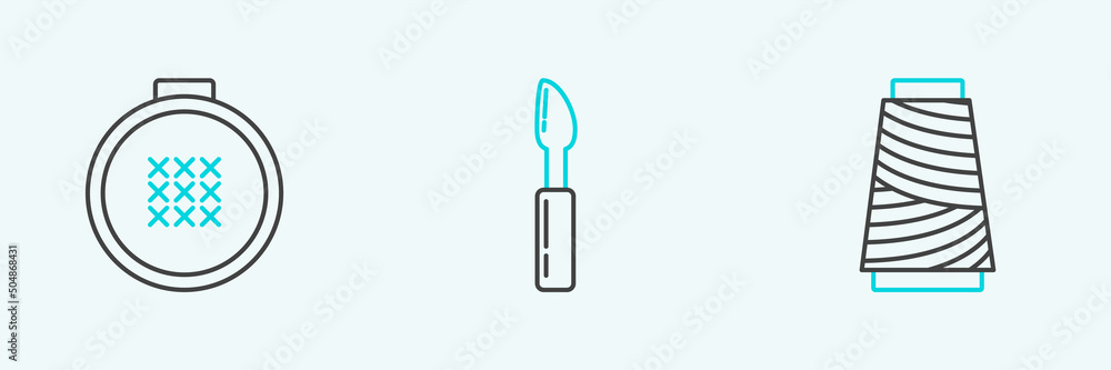 Set line Sewing thread on spool, Round adjustable embroidery hoop and Cutter tool icon. Vector Set line Sewing thread on spool, Round adjustable embroidery hoop and Cutter tool icon. Vector