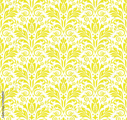 Wallpaper in the style of Baroque. Seamless vector background. White and yellow floral ornament. Graphic pattern for fabric, wallpaper, packaging. Ornate Damask flower ornament
