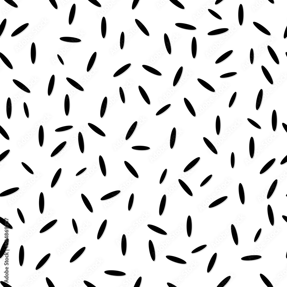 Seamless modern pattern with elements of rice black grains on a white background. Printing on fashionable fabrics, textiles, decorative pillows. 