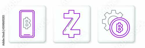 Set line Cryptocurrency coin Bitcoin, Phone mobile and cryptocurrency and Zcash ZEC icon. Vector