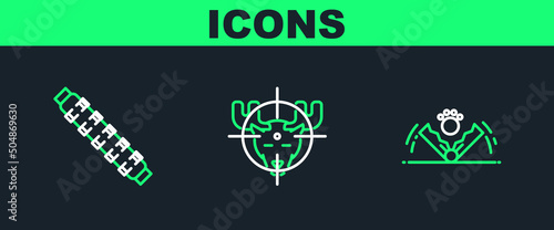 Set line Trap hunting, Hunting cartridge belt with cartridges and on moose crosshairs icon. Vector