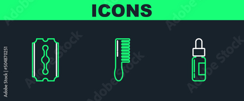 Set line Glass bottle with a pipette, Blade razor and Hairbrush icon. Vector