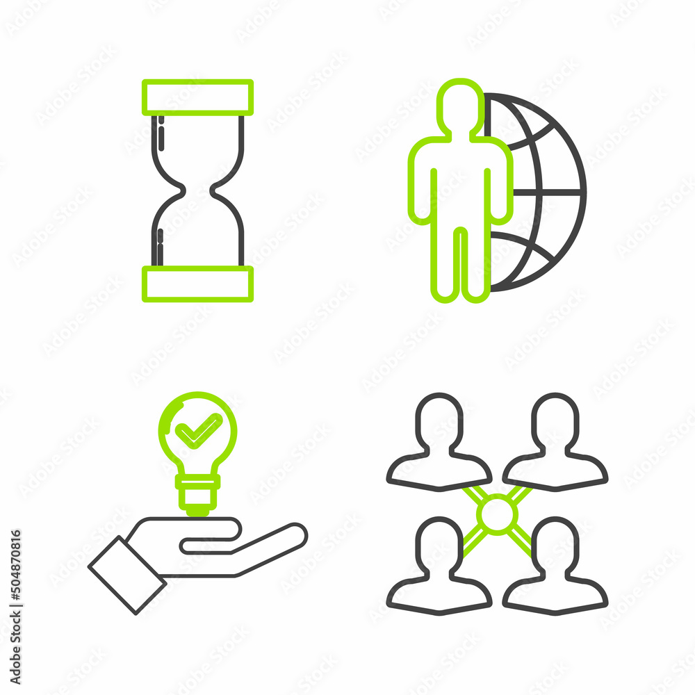 Set line Project team base, Light bulb in hand, Globe people and Old hourglass with flowing sand icon. Vector Set line Project team base, Light bulb in hand, Globe people and Old hourglass with flowing sand icon. Vector