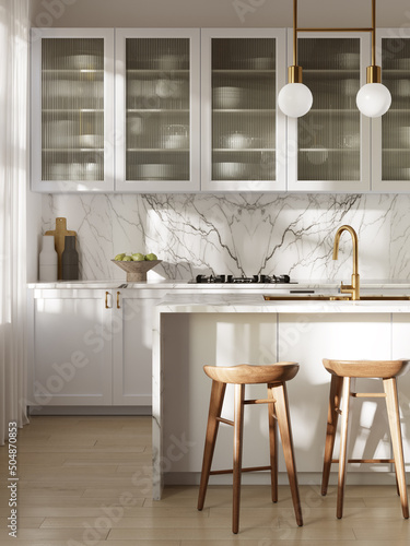 Canvastavla 3d rendering of a white rustic kitchen with white marble backsplash, an island a