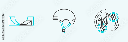 Set line Bicycle trick, Skate park and Helmet icon. Vector