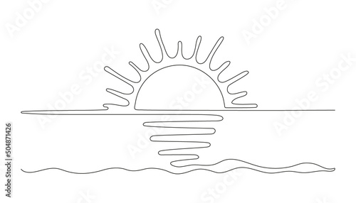 Sun on sea beach one black continuous line, sunset and sunrise outline. Nature landscape with sunshine on coast. One line drawing. Vector illustration