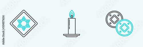 Set line Jewish coin, Star of David and Burning candle candlestick icon. Vector