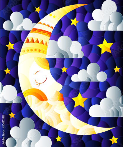 Illustration in stained glass style with moon on cloudy sky background, horizontal orientation