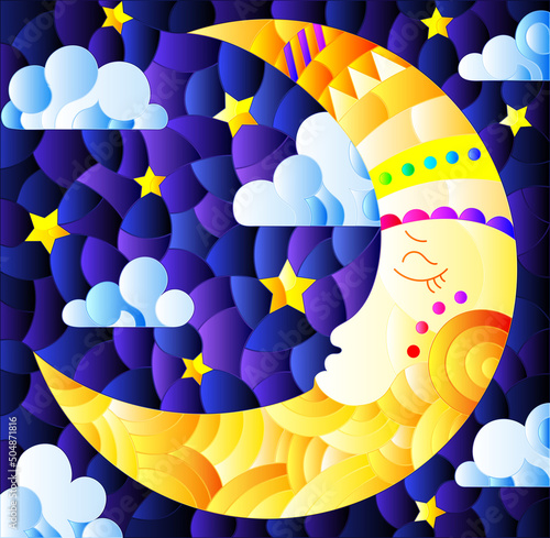 Illustration in stained glass style with moon on cloudy sky background, horizontal orientation