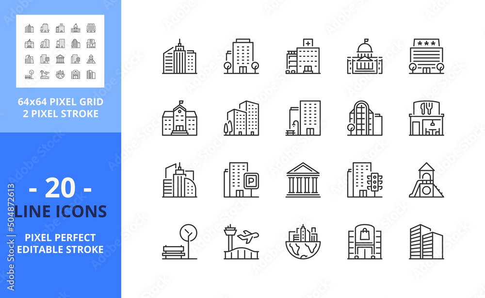 Line icons about the city. Pixel perfect 64x64 and editable stroke Line icons about the city. Pixel perfect 64x64 and editable stroke