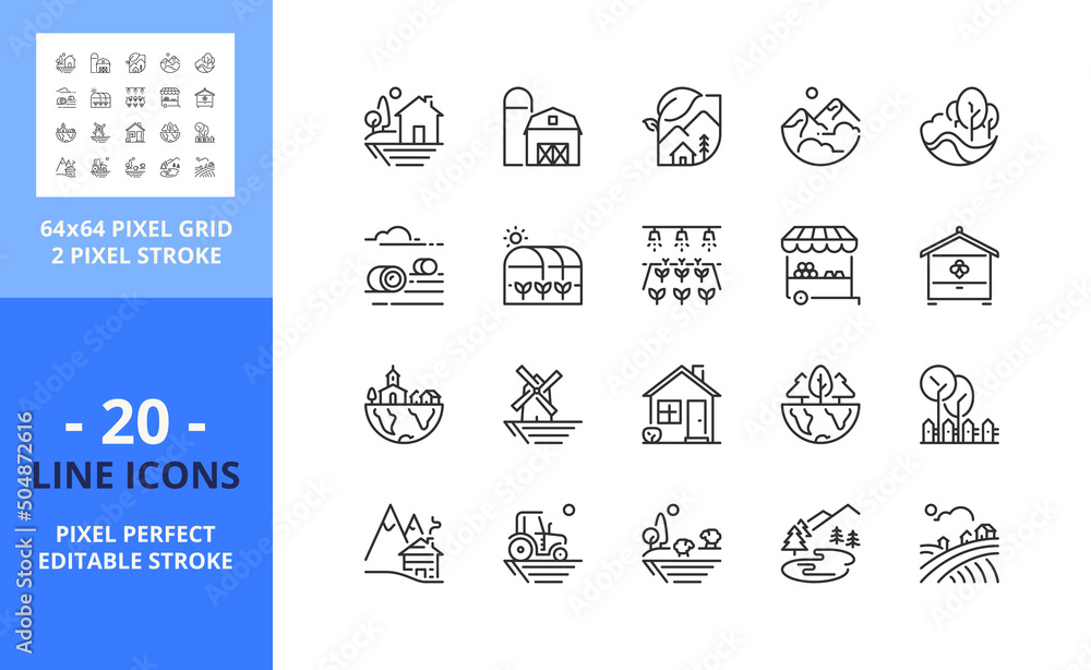 Line icons about the countryside. Pixel perfect 64x64 and editable stroke
