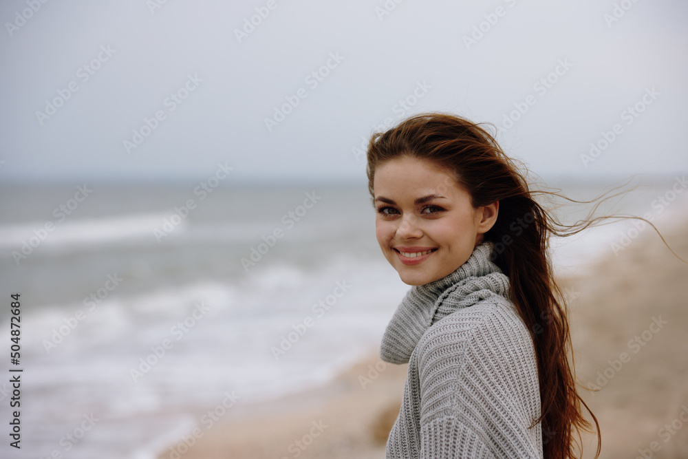 woman alone by the ocean cloudy weather Relaxation concept woman alone by the ocean cloudy weather Relaxation concept
