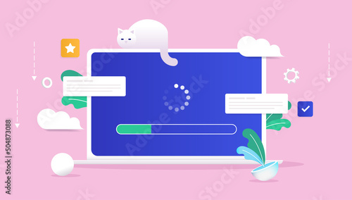 Software update - Vector illustration of laptop computer updating system, with load bar and loading wheel