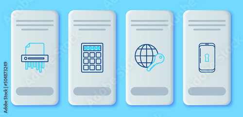 Set line Password protection and safety access, Globe key, Paper shredder confidential and Smartphone with lock icon. Vector