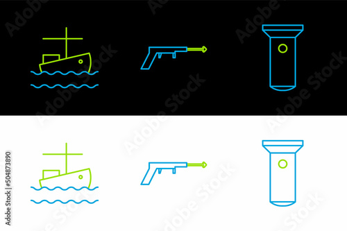 Set line Flashlight, Fishing boat on water and harpoon icon. Vector