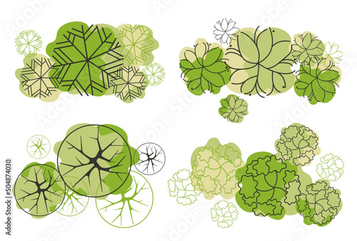 Trees top view. Entourage design. Various trees, bushes, and shrubs, top view for the landscape design plan. Vector illustration.