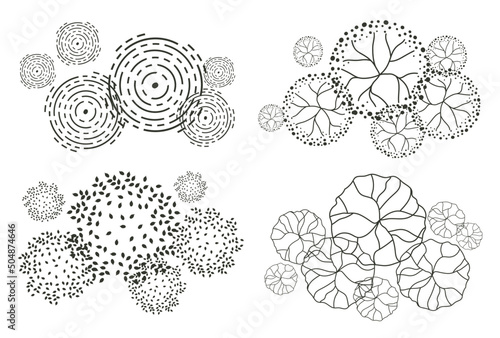 Tree for architectural floor plans. Entourage design. Various trees, bushes, and shrubs, top view for the landscape design plan. Vector illustration.