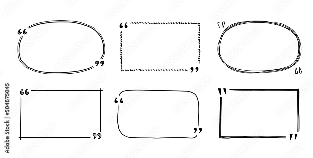 Fototapeta premium Quote box sketch, text frame set. Hand drawn doodle style quote box, text border with square, bubble, round shape. Vector illustration.