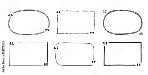 Quote box sketch, text frame set. Hand drawn doodle style quote box, text border with square, bubble, round shape. Vector illustration.