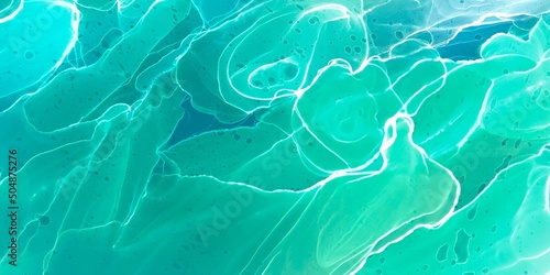 Oil Painting On Canvas. White Water. Blue Oil Stroke. Organic Abstraction Oil. Neon Artistic. Watercolor Flowing. Alcohol Ink Mix.