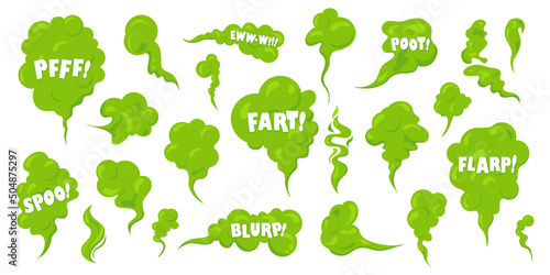 Stinky smelling smoke set. Fart cartoon bad odor cloud. Green stench vapor with text. Toxiz aroma fog. Vector illustration