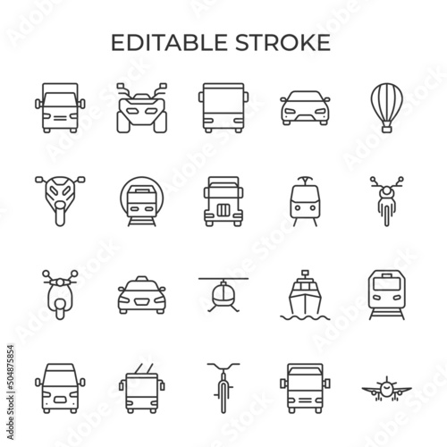 Transport front view line icons. Cars, aircraft and motorcycles are also other types. Used for carsharing, rental and travel. Isolated vector illustration on a white background. Editable stroke.