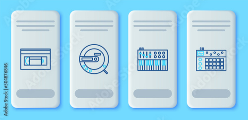 Set line Music CD player, synthesizer, VHS video cassette tape and Drum machine icon. Vector