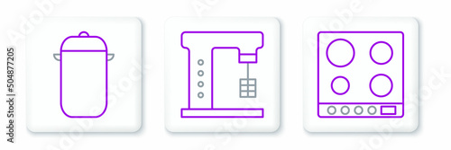 Set line Gas stove, Cooking pot and Electric mixer icon. Vector