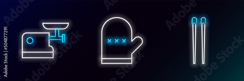 Set line Food chopsticks, Kitchen meat grinder and Oven glove icon. Glowing neon. Vector