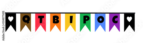 Cute festive flags bunting in color of LGBT flag with QTBIPOC acronym - Queer Trans Black Indigineous People of Color. Logo design for QTBIPOC Pride Week celebration. Vector design. photo